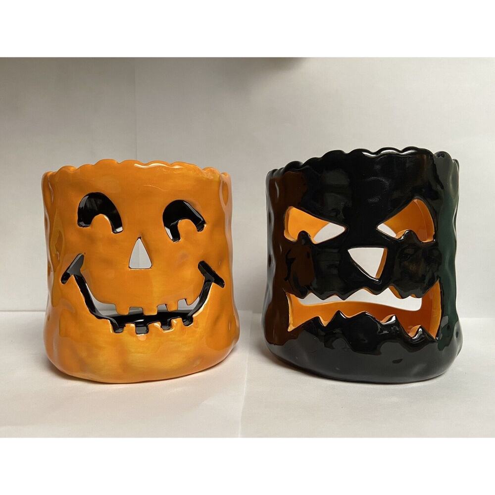 Lot of 2 Halloween Jack-O-Lantern Tea Candle Votive Holder Home Decor Seasonal